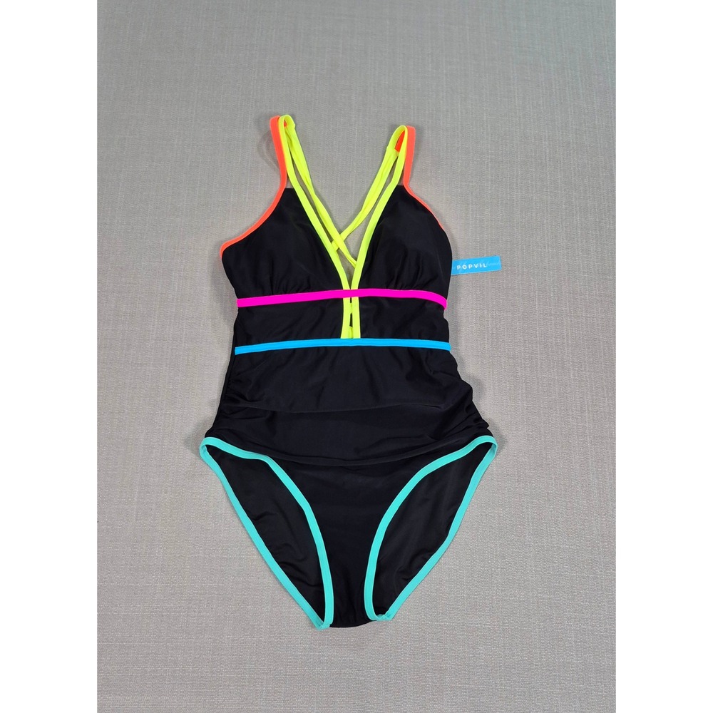 Popvil Womens Neon Colorblock Tummy Control One Piece Swimsuit Black Large NWT